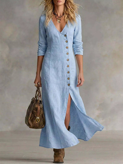 Slit Button-Down Midi Dress in Light Blue