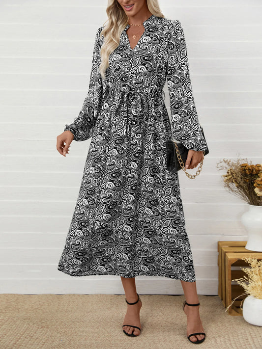 Paisley Print Long Sleeve Midi Dress with Tie Waist