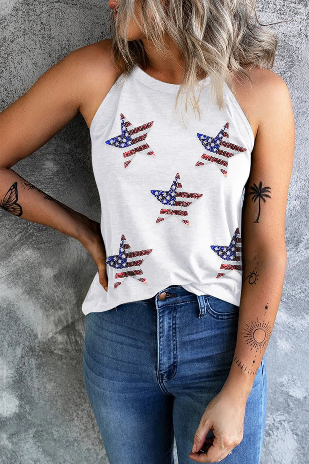Sequin US Flag Star Grecian Neck Tank detail — Livostyle