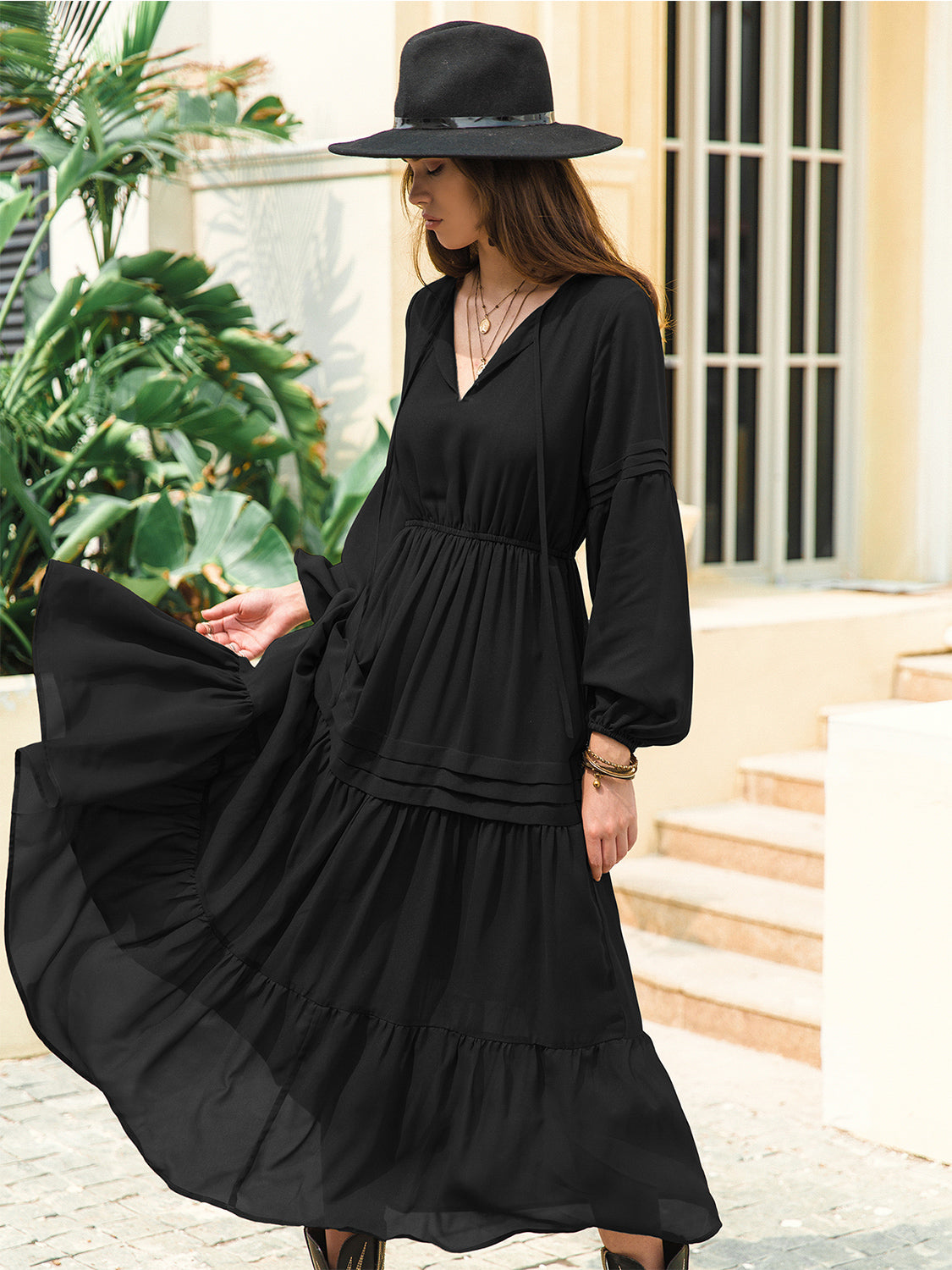 Tie Neck Long Sleeve Tiered Midi Dress – photo 4