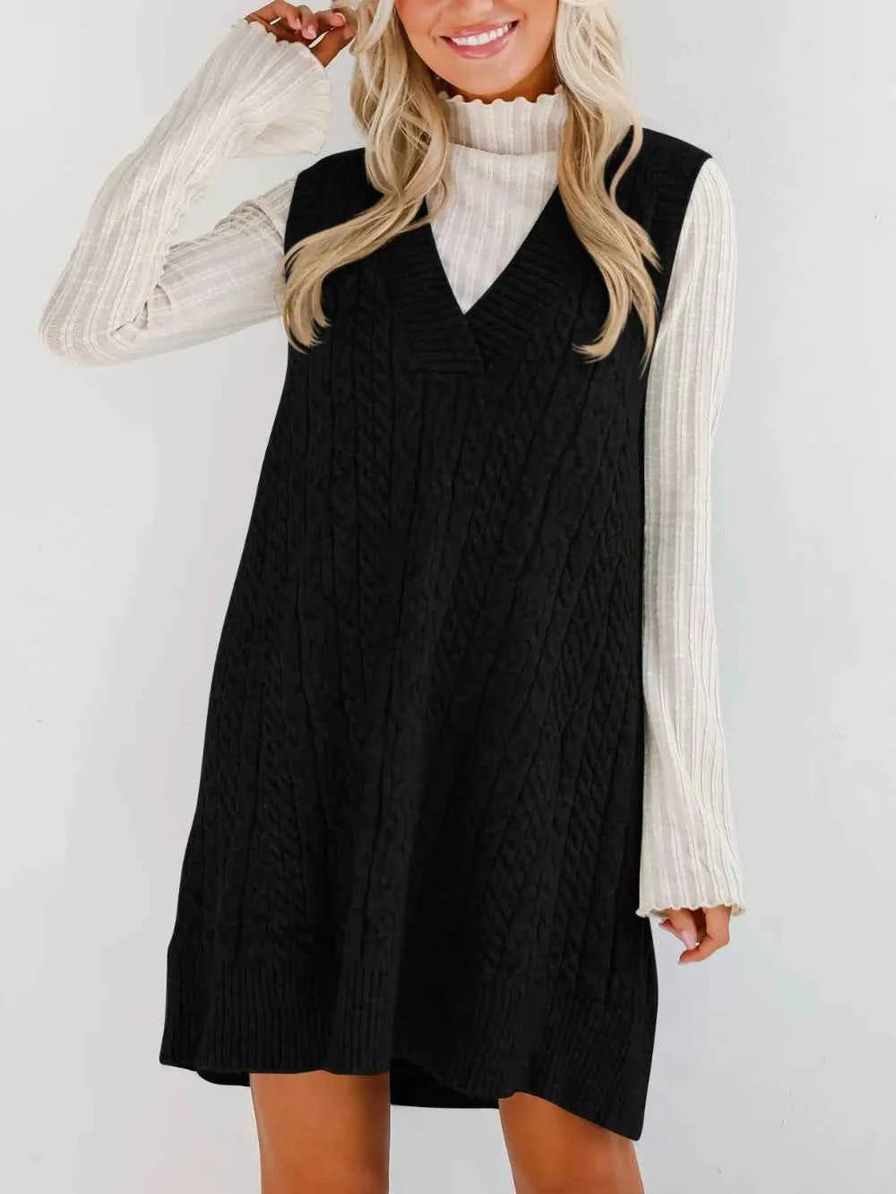Lovelet Cable Knit V-Neck Mini Sweater Overall Dress