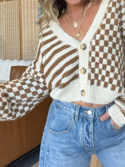Checkered and Striped Pattern Button-Front Cropped Cardigan detail — Livostyle