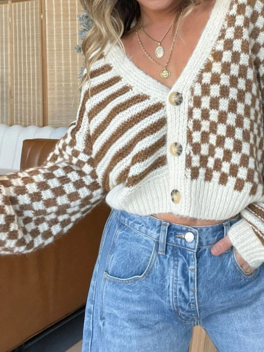 Checkered and Striped Pattern Button-Front Cropped Cardigan detail — Livostyle
