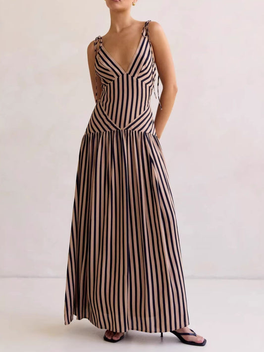 Striped V-Neck Tie-Shoulder Maxi Dress with Zipper in Brown