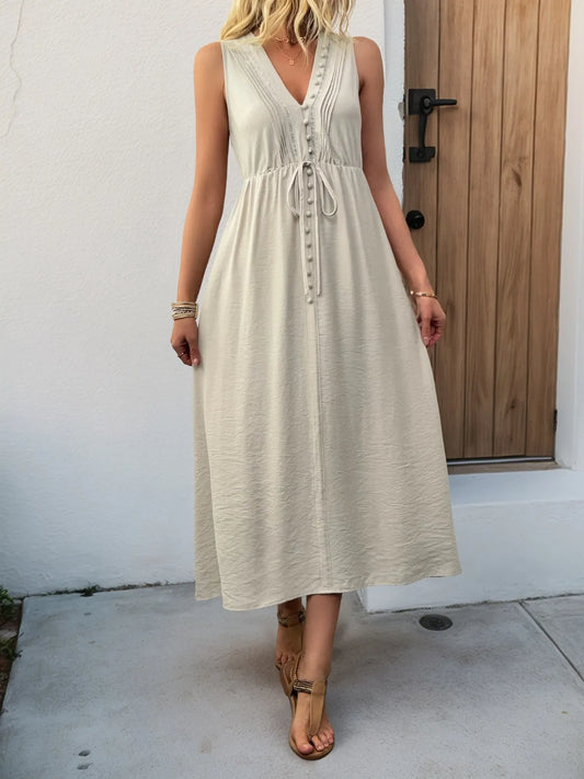 V-Neck Sleeveless Midi Dress with Pockets