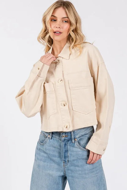 Button Down Cropped Denim Jacket with Patch Pockets in Tan