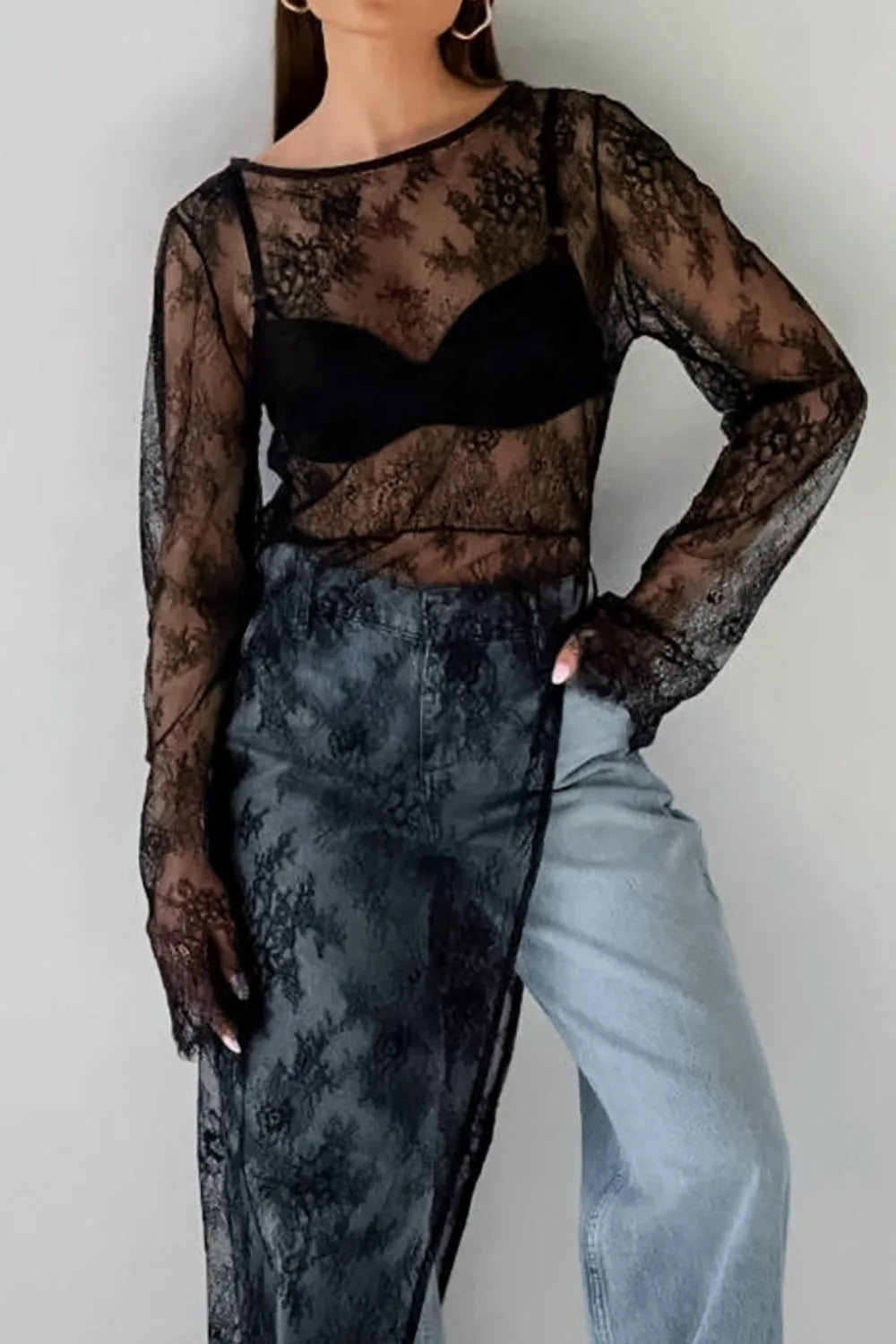 Fringe Round Neck Long Sleeve Lace Sheer Top — Livostyle