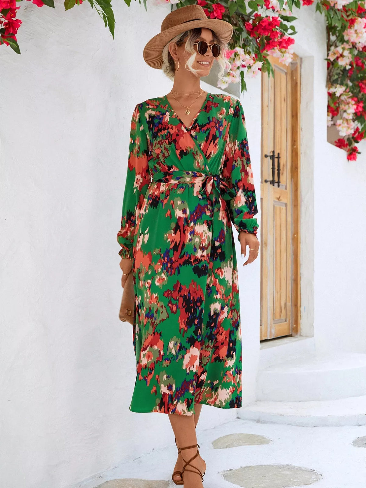 Printed Belted Surplice Long Sleeve Midi Dress with Slit – photo 3