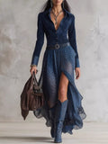 Leopard Button Front Slit Maxi Dress with Pockets in Navy