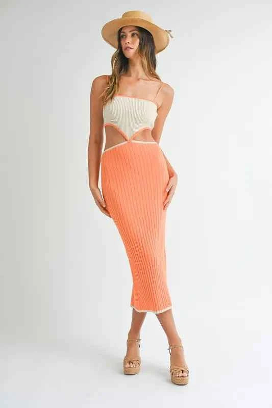 MABLE Ribbed Knit Color Block Cutout Midi Dress