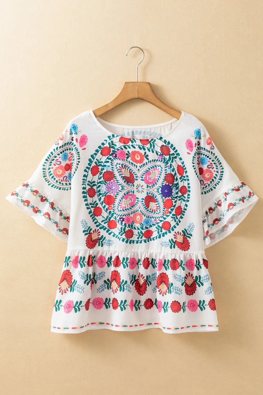 Floral Print Round Neck Ruffle Trim Blouse styling — Livostyle