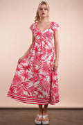 Tropical Printed Midi Summer Boho Dress in Tomato Mix