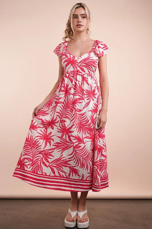 Tropical Printed Midi Summer Boho Dress in Tomato Mix