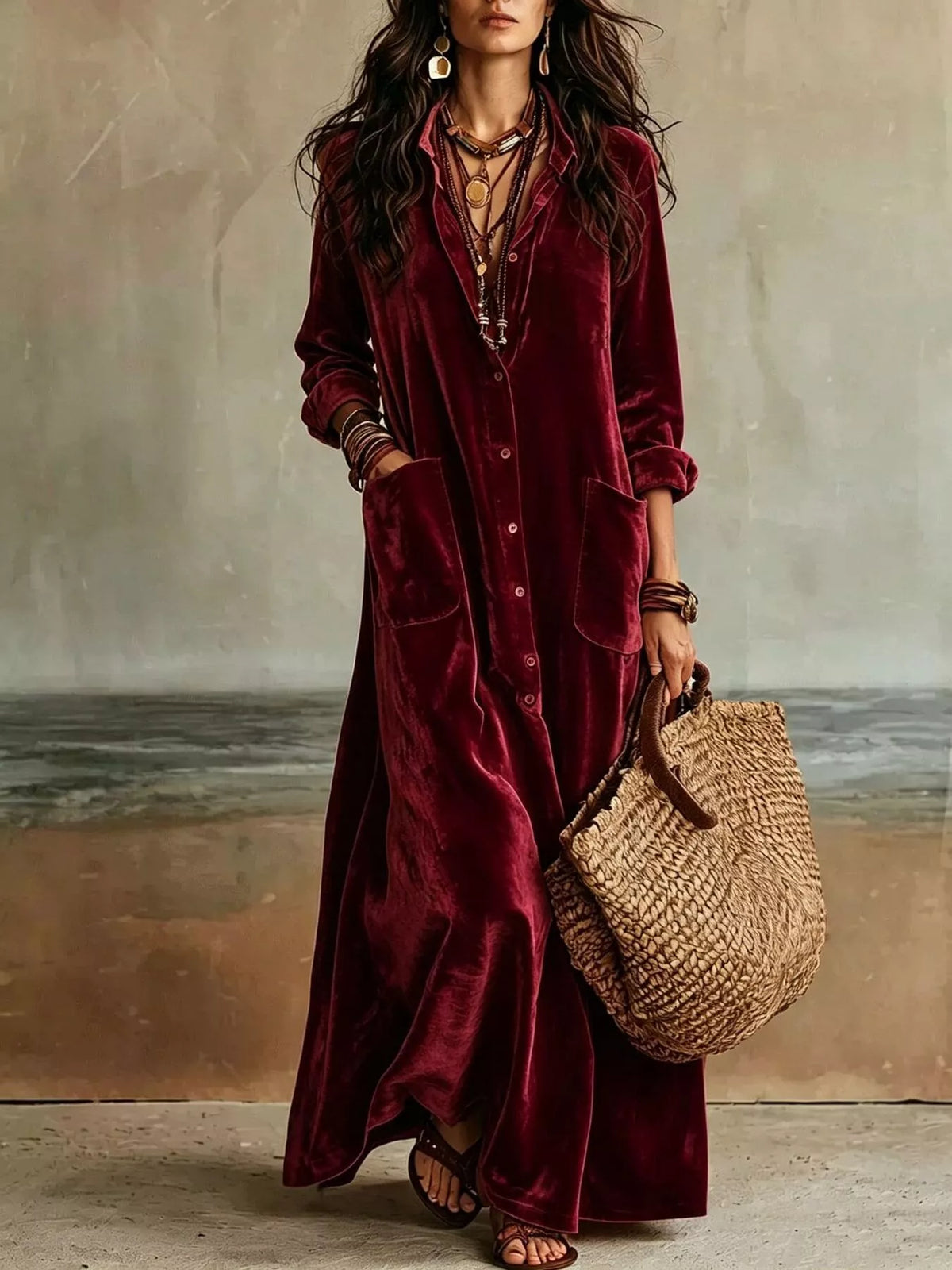 Velvet Button-Down Maxi Dress with Pockets in Burgundy