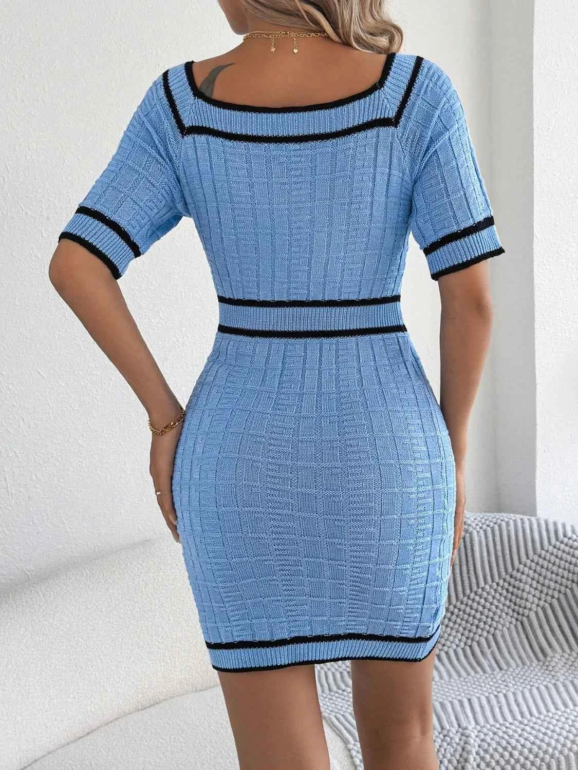 Decorative Button Short Sleeve Sweater Dress