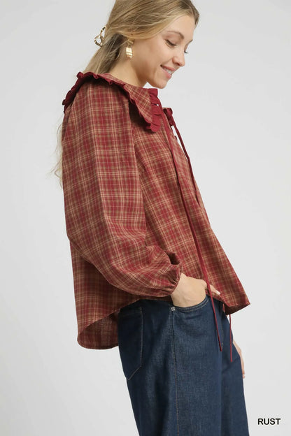 Full Size Plaid Ruffle Collar Blouse Plus Size back view — Livostyle