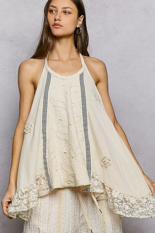 Lace Ruffle Halter Neck Double Gauze Top with Crochet Patch detail — Livostyle