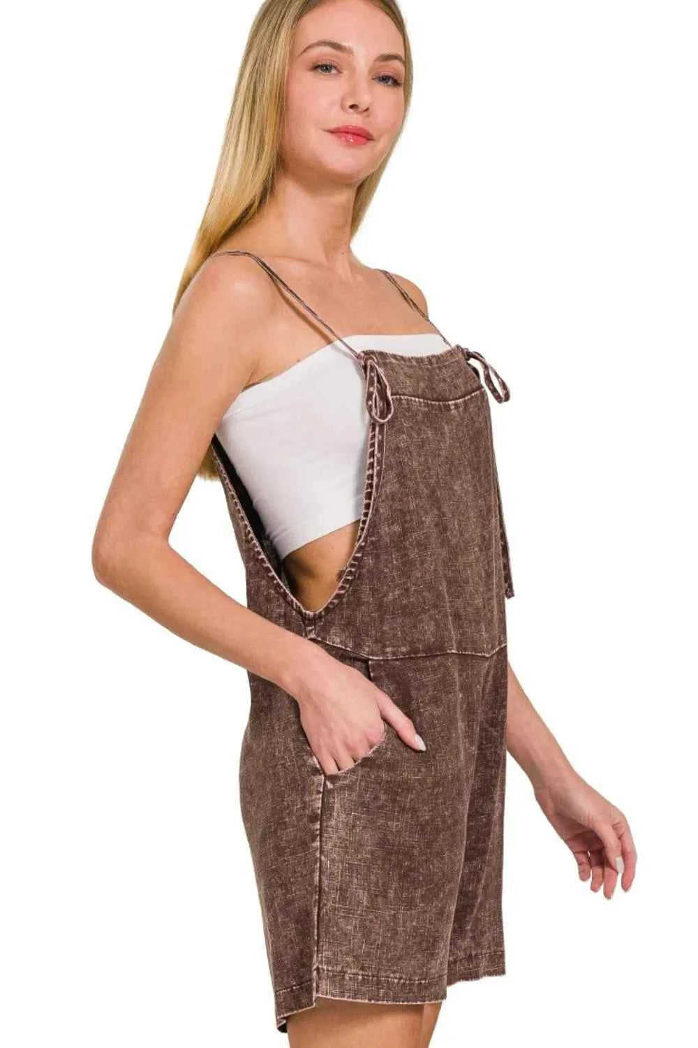 Zenana Washed Linen Knot Strap Rompers