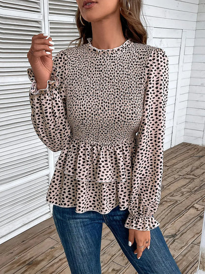 Printed Round Neck Smocked Flounce Sleeve T-Shirt — Livostyle
