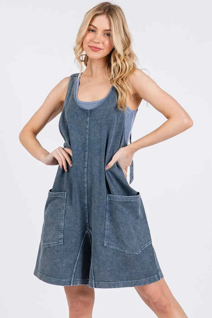Blue Denim Scoop Neck Sleeveless French Terry Tank Romper