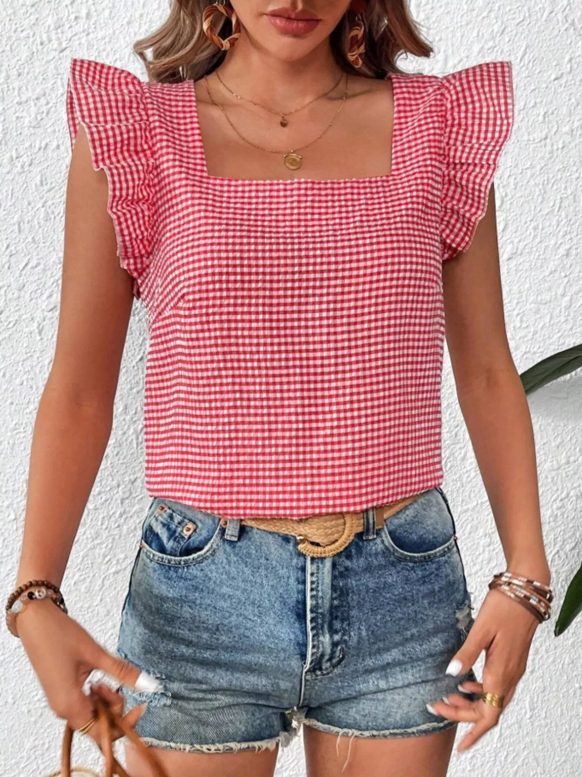 Gingham Ruffle Sleeve Square Neck Blouse – photo 21