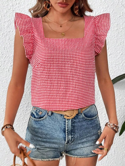Gingham Ruffle Sleeve Square Neck Blouse – photo 21