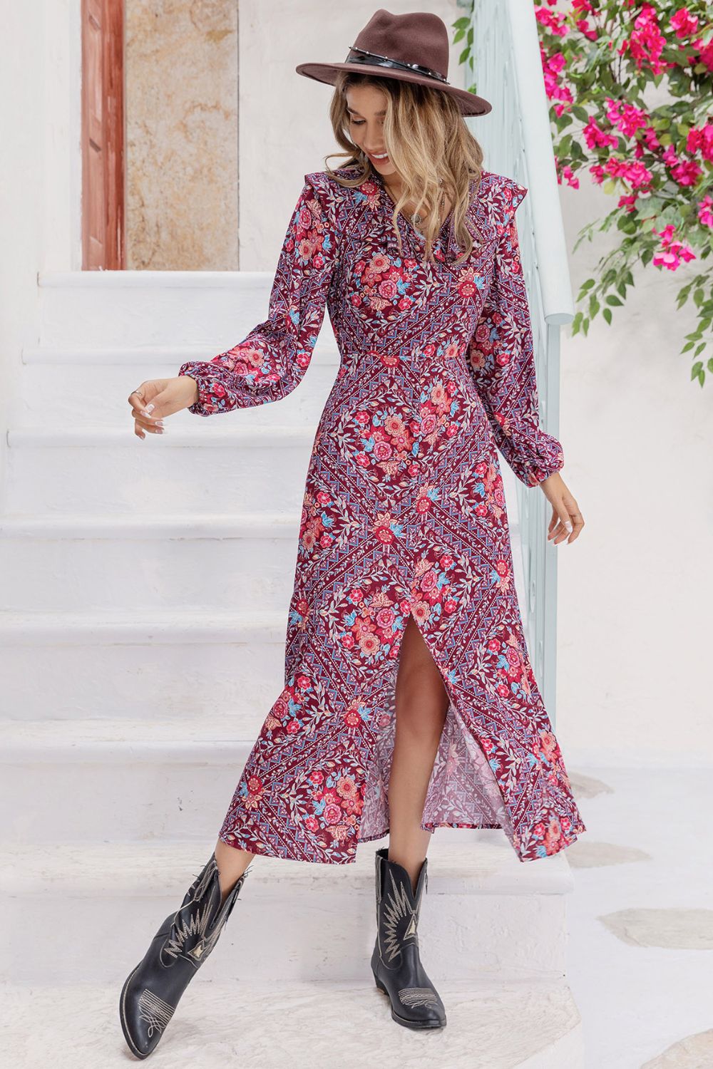 Bohemian Printed Slit Long Sleeve Midi Dress with Ruffle Collar – photo 3