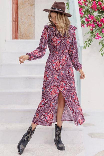 Bohemian Printed Slit Long Sleeve Midi Dress with Ruffle Collar – photo 3