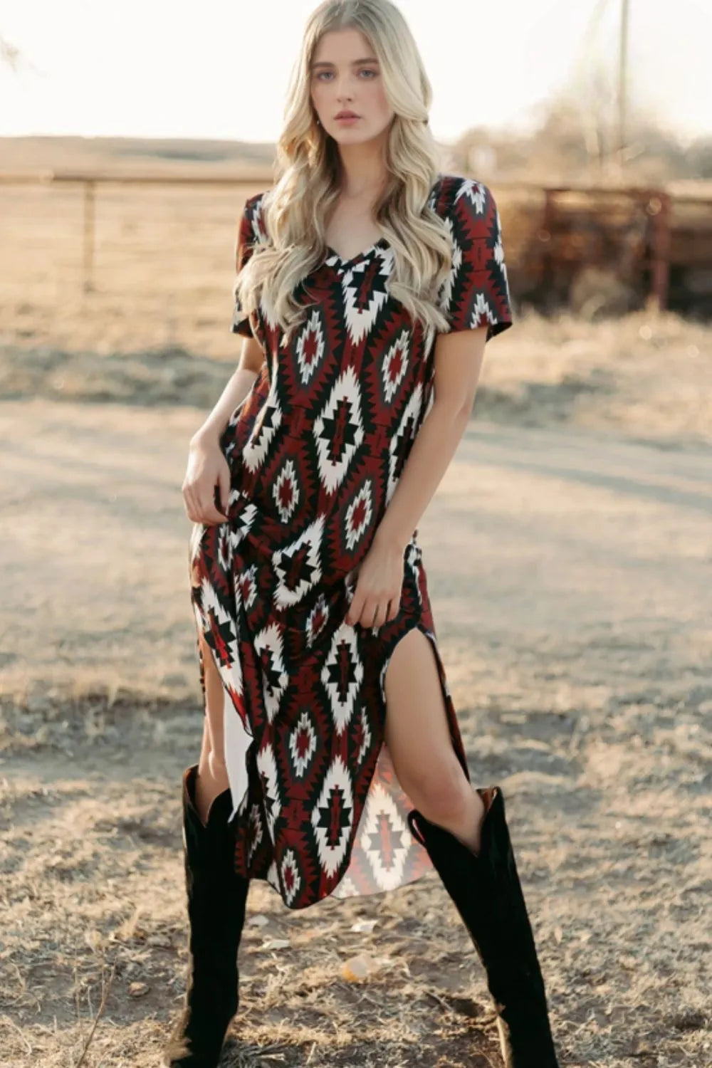 Aztec Print V-Neck Midi Dress with Split Hem in Burgundy