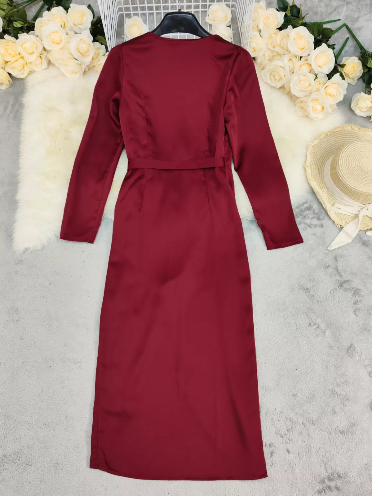Surplice Satin Long Sleeve Dress with Belt – photo 5