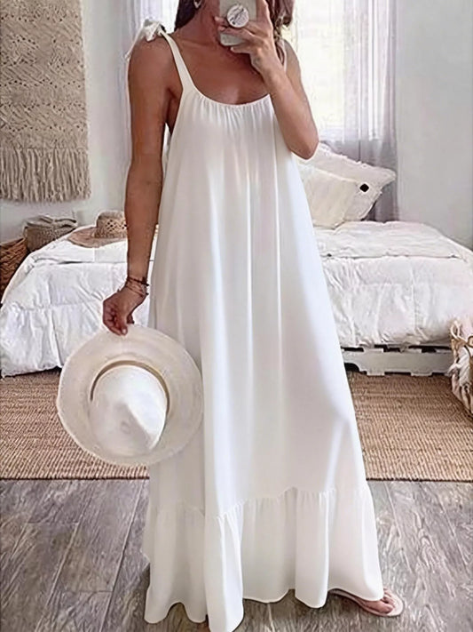 Sleeveless Tie Strap Flowy Maxi Dress in White