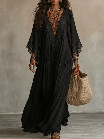 Lace Trim Tiered V-Neck Maxi Dress in Black