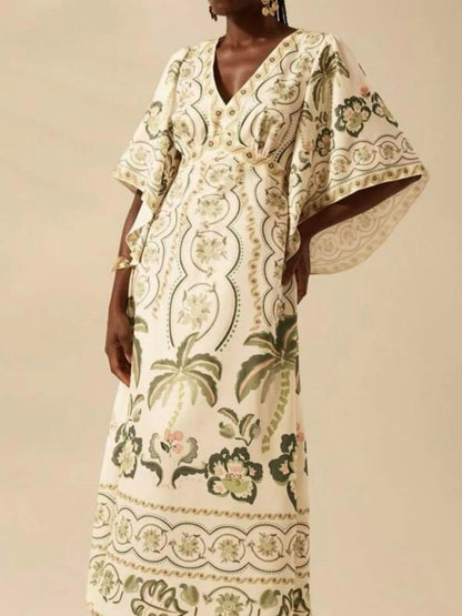 Palm Print V-Neck Midi Dress in Beige