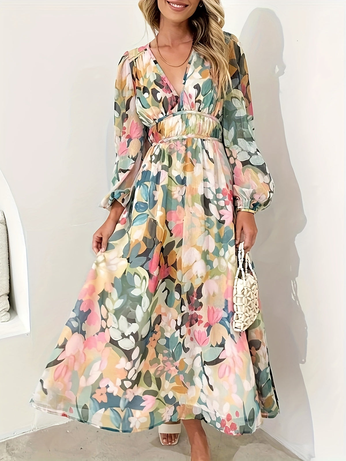 Floral Print Long Sleeve Midi Dress in Beige