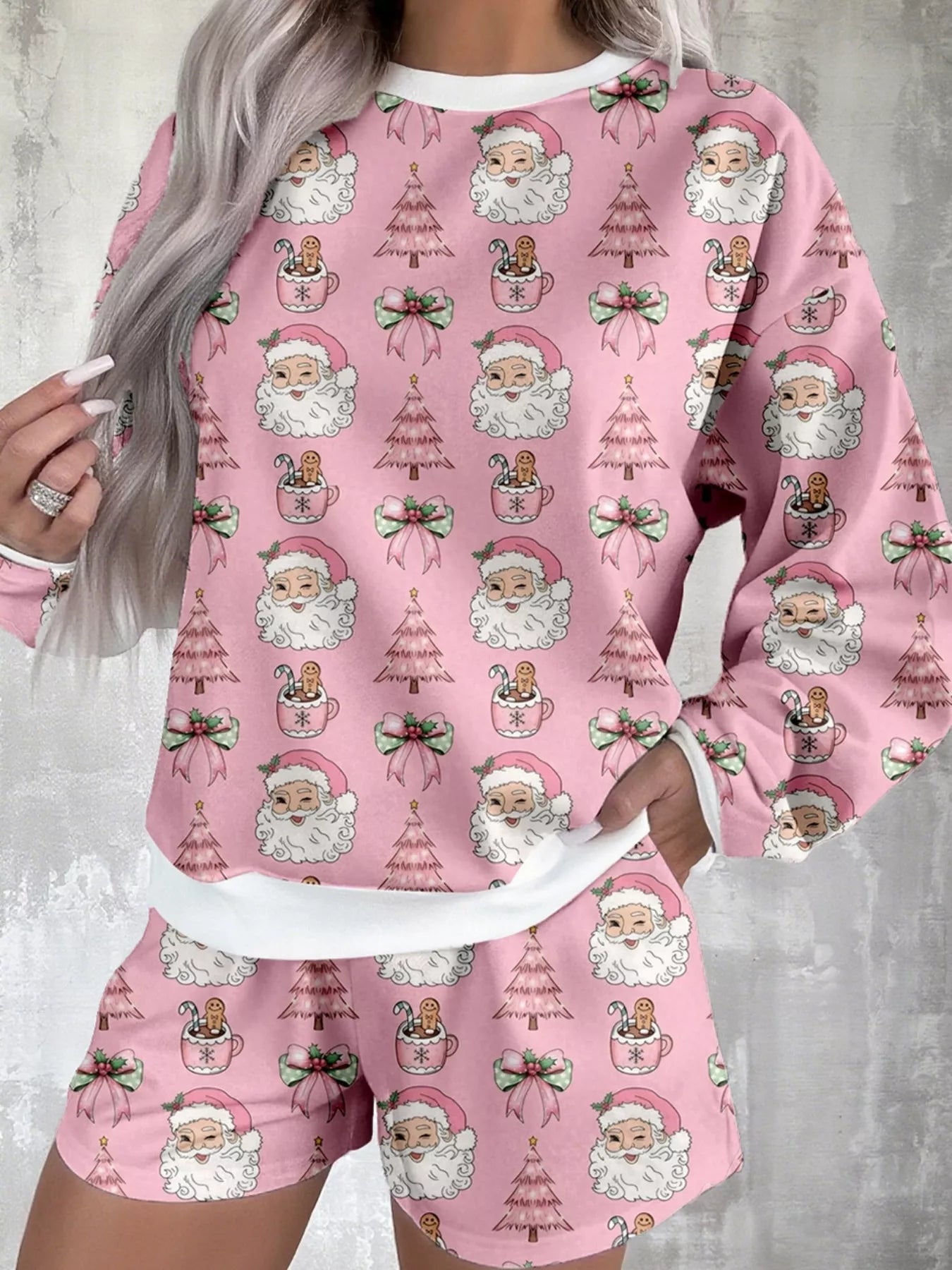 Christmas Santa Print Round Neck Top and Shorts Lounge Set — Livostyle