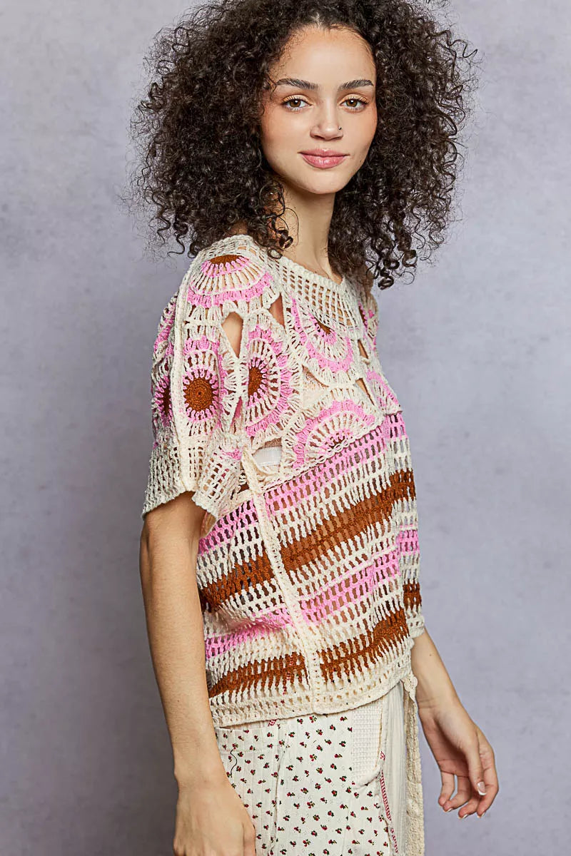 Weave Pattern Short Sleeve Crochet Top with Border Accents styling — Livostyle