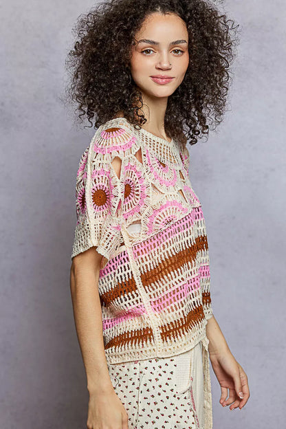 Weave Pattern Short Sleeve Crochet Top with Border Accents styling — Livostyle