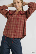 Full Size Plaid Ruffle Collar Blouse Plus Size — Livostyle