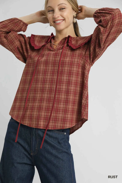 Full Size Plaid Ruffle Collar Blouse Plus Size — Livostyle