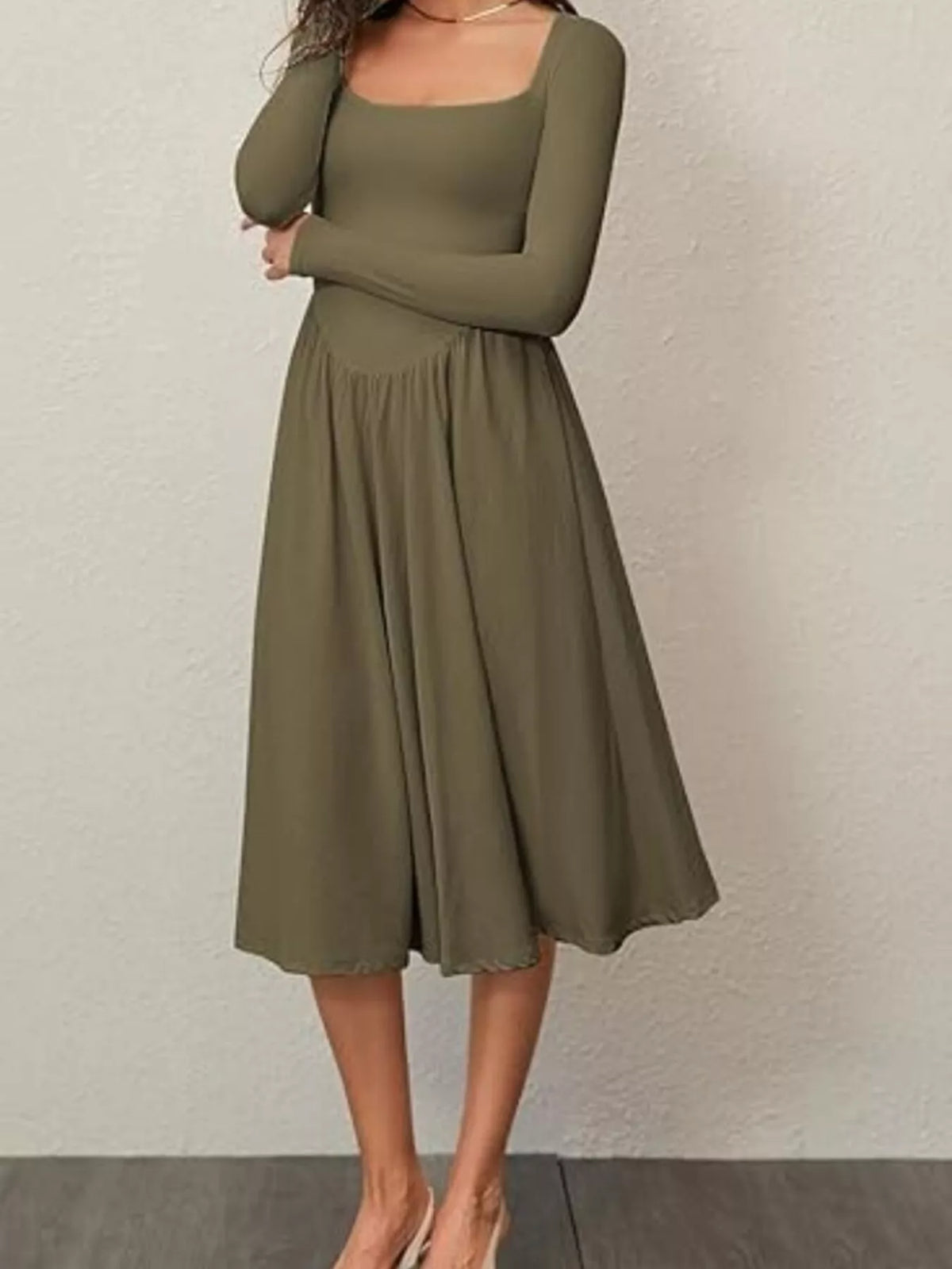 Square Neck Long Sleeve Midi Dress in Cotton Blend – photo 13