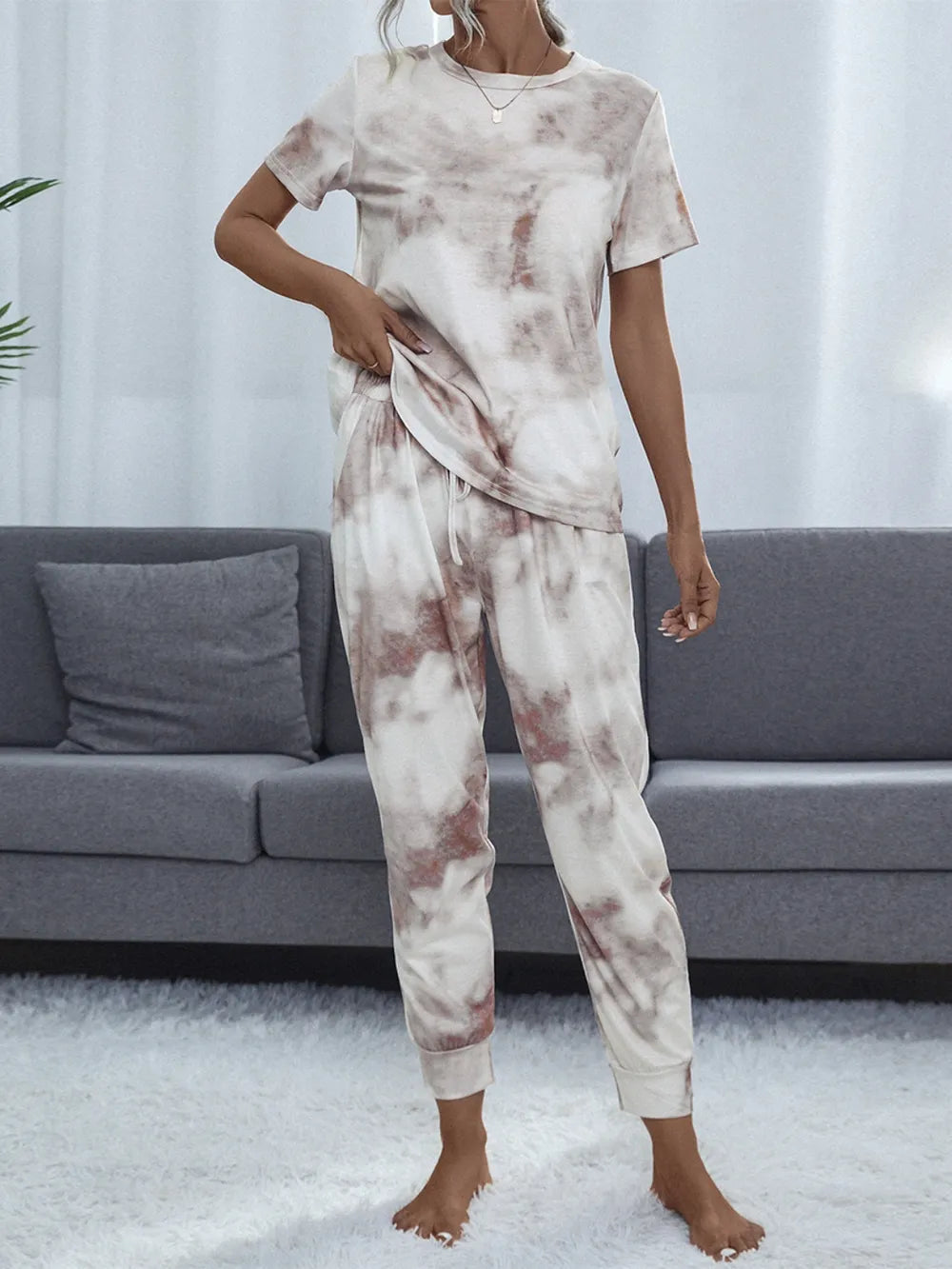 Shiny Tie-Dye Round Neck Short Sleeve Top and Pants Lounge Set — Livostyle
