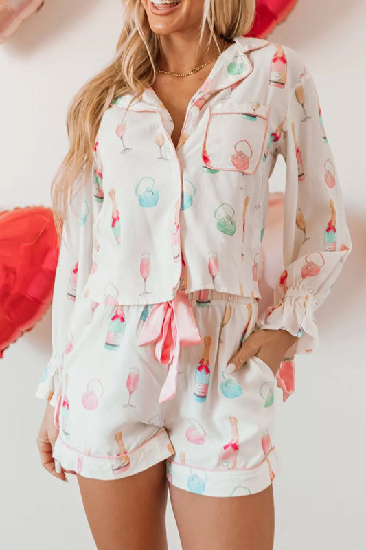 Bow Printed Collared Neck Top and Drawstring Shorts Lounge Set — Livostyle