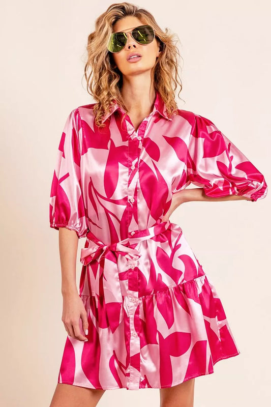 Leaf Pattern Collared Belted Satin Dress in Fuchsia Multi