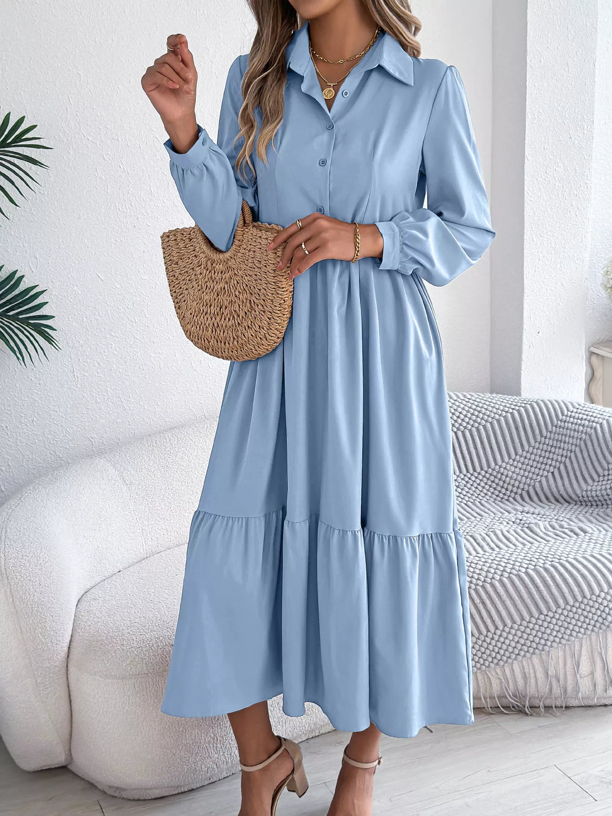 Long Sleeve Tiered Button-Front Midi Dress – photo 8