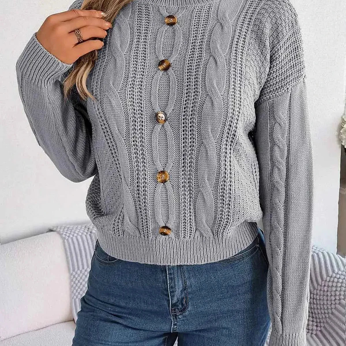 Cable-Knit Buttoned Round Neck Sweater — square view — Livostyle