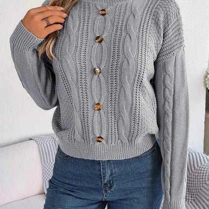 Cable-Knit Buttoned Round Neck Sweater — square view — Livostyle