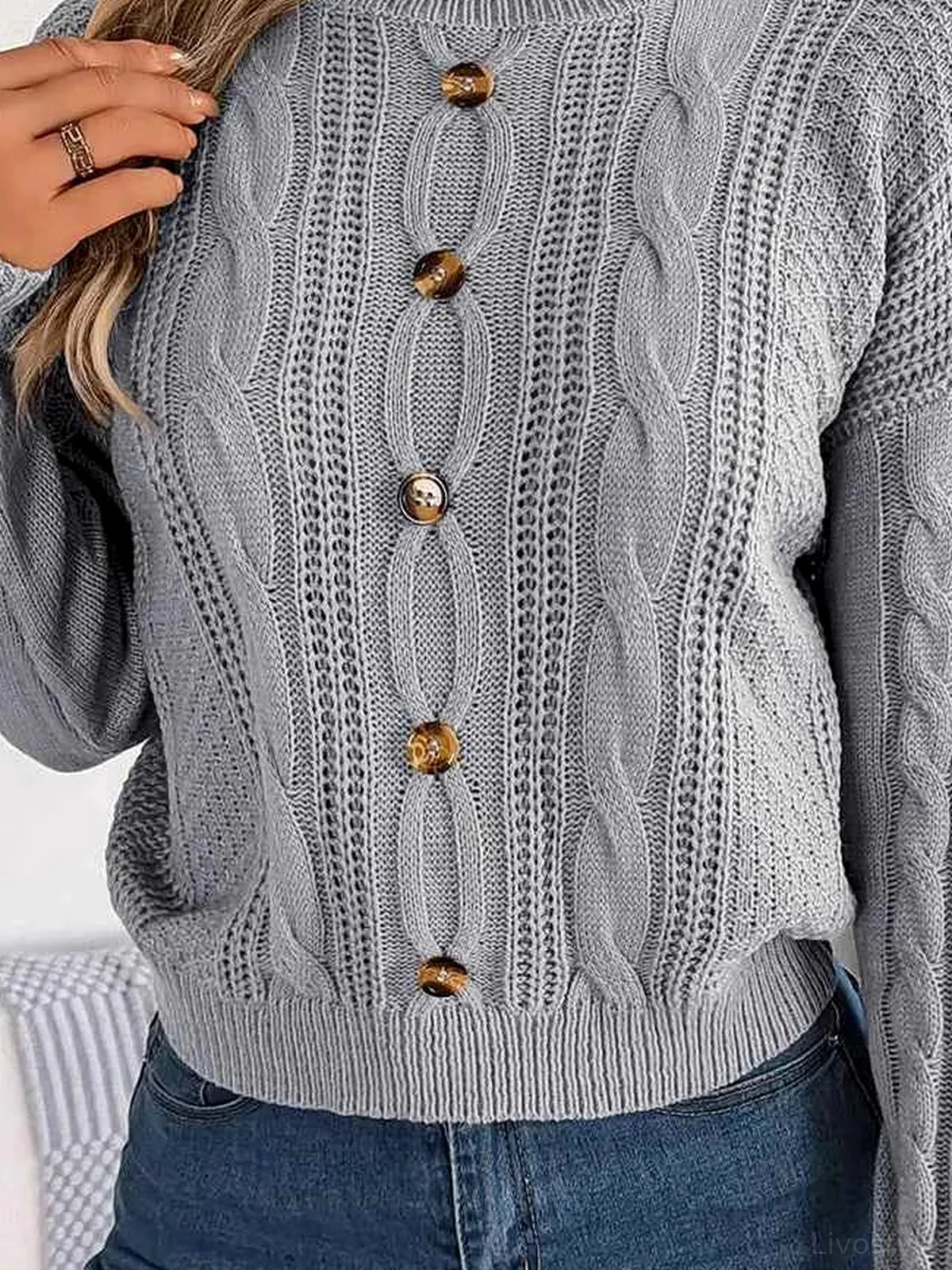Cable-Knit Buttoned Round Neck Sweater — detail view — Livostyle