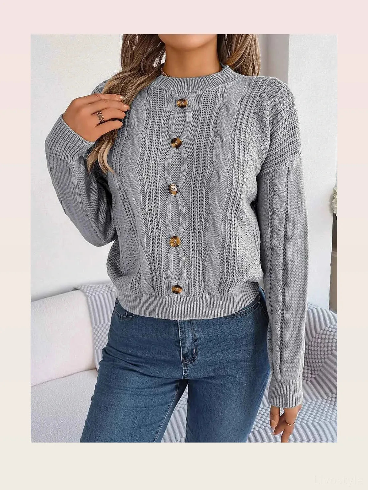 Cable-Knit Buttoned Round Neck Sweater — styled showcase — Livostyle