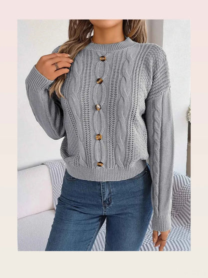 Cable-Knit Buttoned Round Neck Sweater — styled showcase — Livostyle