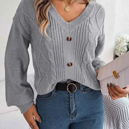 Cable-Knit Buttoned V-Neck Sweater — square view — Livostyle